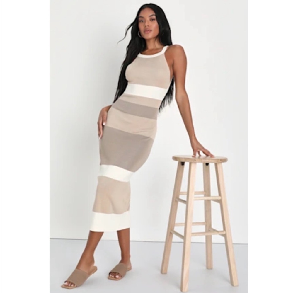Lulu's Beige and White Striped Midi Dress